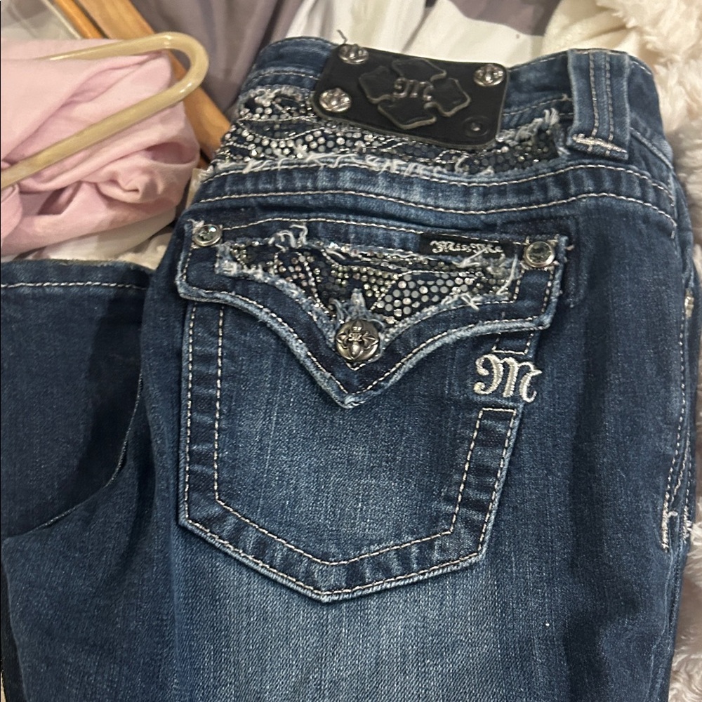 Miss Me Dark Blue Boot Cut Jeans with Silver Accents